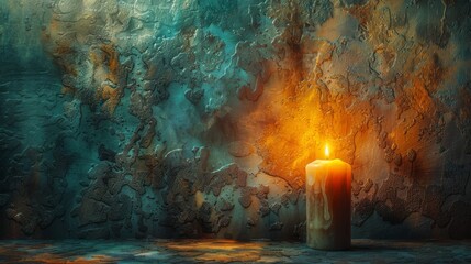   A candle lit, positioned atop a table facing a stone-wall painting