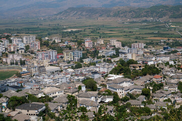Fototapeta na wymiar Girokastra is a city in southern Albania, in the valley of the Drinos River. Administrative center of the region and municipality. Mediterranean climate. Traditional houses In Albania, Europe.