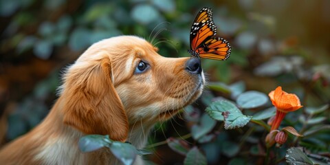 A young spaniel watches a butterfly.
Concept: raising and training puppies, caring for pets, preserving biodiversity.