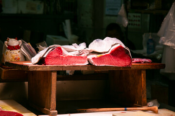 Premium fresh Japanese tuna at a stall in the Nagoya central market in Japan.