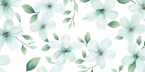 Mint Green flower petals and leaves on white background seamless watercolor pattern spring floral backdrop  - obrazy, fototapety, plakaty