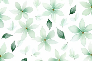 Fototapeta na wymiar Mint Green flower petals and leaves on white background seamless watercolor pattern spring floral backdrop 