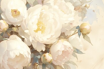 Vintage Style Painting of White Peonies
