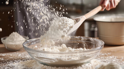 Flour being sifted into a bowl, with a wooden spoon on the side.