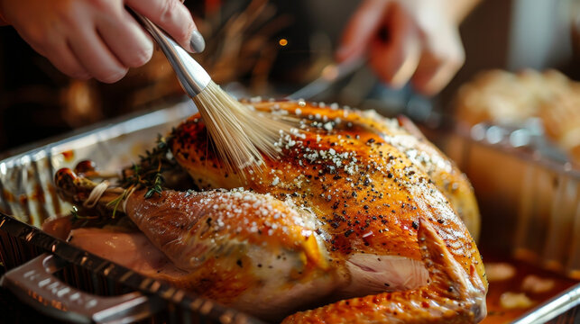 Golden brown turkey being basted, ready for a festive feast.