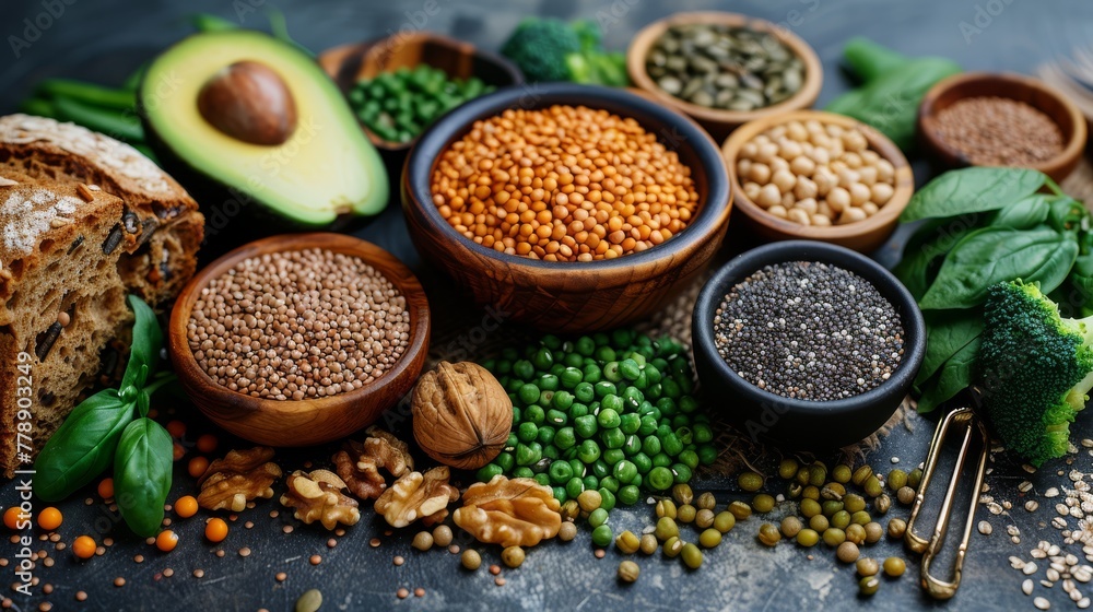 Poster a table displays bowls containing various types of beans and vegetables, along with a slice of bread
