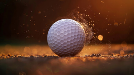 A golf ball with a splash of dirt against a sunset backdrop.