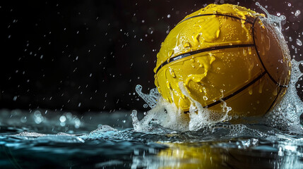 Yellow volleyball collides with water, causing a lively splash.