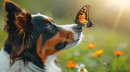Australian Sheltie puppy looks at a butterfly.
Concept: nature and spiritual development, meditation, mental well-being and raising puppies. - obrazy, fototapety, plakaty