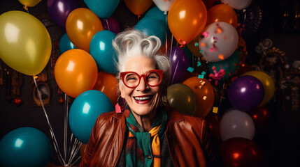Fototapeta na wymiar photo of of happy senior woman with gray hair and eyeglasses, smiling and surrounded by balloons, birthday concept