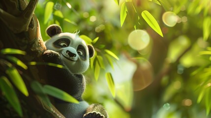 Obraz premium Adorable and funny panda relaxing and sitting on green tree in the forest