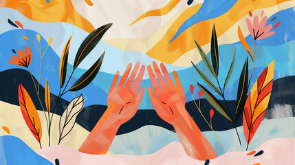 Surreal Hands Amidst Colorful Abstract Nature Illustration