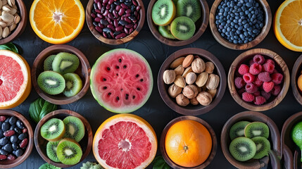   A table displaying various fruits and vegetables in bowls, alongside nuts and fruit arranged on top of each other