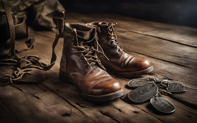 Military boots and dog tags lying on an old wooden floor, symbol of service and sacrifice.