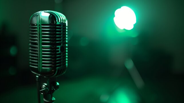 Steel microphone, sound, music, and voice attributes with dramatic green light