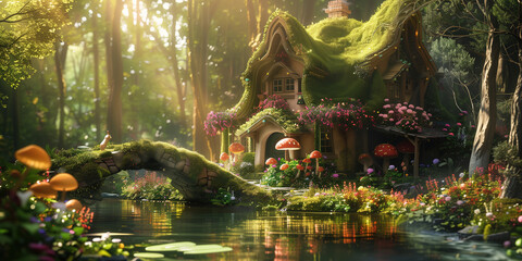 Charming fairytale house of enchanted magical fantasy forest cottage wallpaper with a grass bridge and radiant nature sunlight.