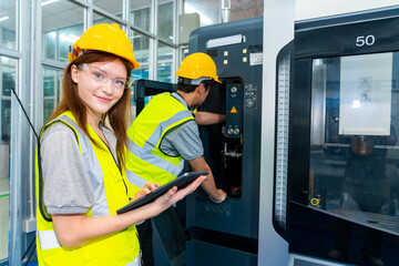 Manufacturing industry factory manufacturing technology concept. Caucasian woman engineer worker in safety wear working and maintaining control CNC lathe machine system screen in factory plant room.