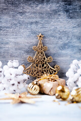 Christmas decoration on rustic wooden background. Soft focus. Copy space.