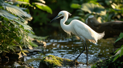 A large white wading bird, the Great Egret or Great White Heron, hunts for fish with its long yellow beak - obrazy, fototapety, plakaty