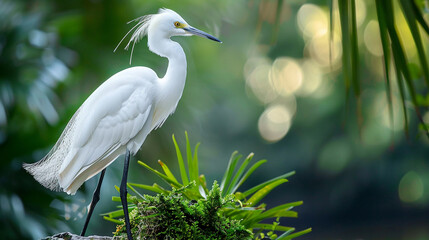 The Great White Heron, a majestic white wading bird closely related to the Great Blue Heron, is found in Florida and along the southeastern coast of the United States - obrazy, fototapety, plakaty