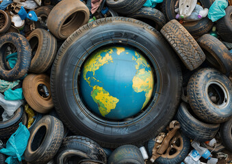 Earth globe surrounded by garbage concept tire plastic