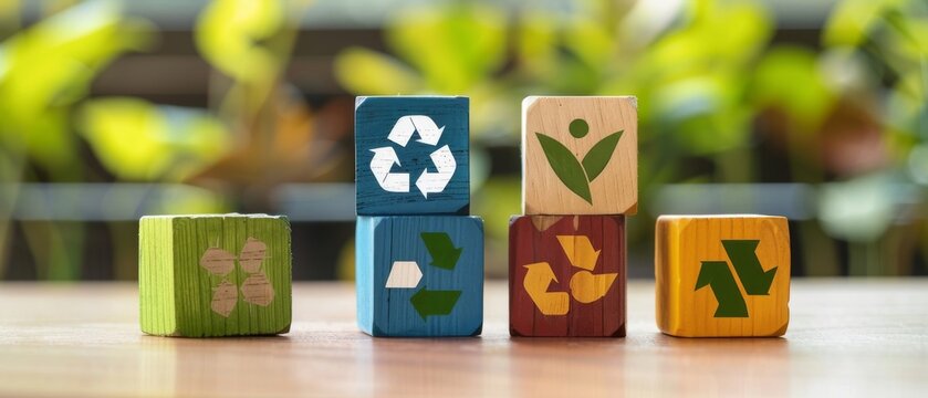 Wooden cube icons depicting circular economy icons. The system aims to minimize waste and maximize resource efficiency, utilizing sustainable strategies for reducing waste and pollution.