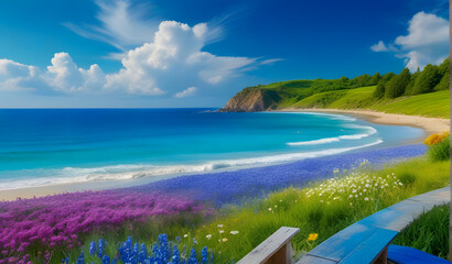 summer while traveling one can admire the stunning landscape with a background of blue sky lush green grass and vibrant waves of blooming spring flowers surrounded by the light of a beautifu 