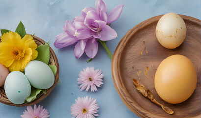 Top view of traditional Czech sweet Easter pastry and spring flowers alongside Easter eggs dyed with onion peels.