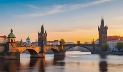 Scenic view of the Old Town pier architecture and Charles Bridge over Vltava river in Prague, Czech...