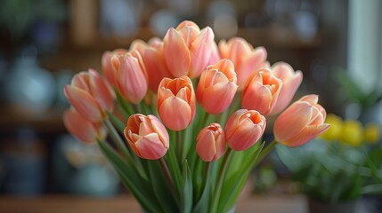   A bouquet of pink tulips in a vase on a table with other flowers
