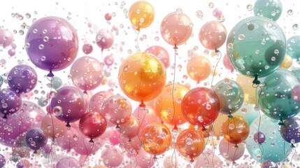   A group of balloons float in the air with water droplets on them