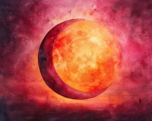 Radiant solar eclipse in watercolor, eye level, with a spectrum of hot pinks and oranges, on a soft, glowing backdrop - obrazy, fototapety, plakaty