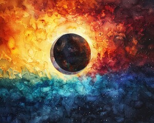 Solar eclipse artistic representation in watercolor, high angle, featuring intense, saturated colors, with a luminescent effect