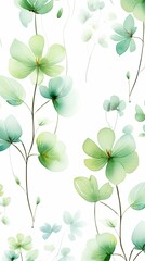 Mint Green flower petals and leaves on white background seamless watercolor pattern spring floral backdrop