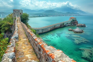 Obraz premium An impressive sea fort structure built on an island against a backdrop of majestic mountains and the clear blue sea