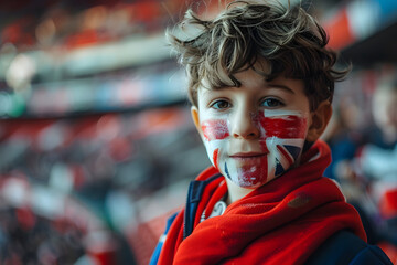 child boy soccer fun with painted face of flag England in football stadium
child boy soccer fun...