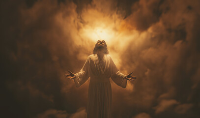 Jesus Christ with his arms opened and looking up. Salvation concept. Fantasy glowing dreamy ethereal sky background with smoke and mist. Copy space. Prophet of god. Religious art concept. - obrazy, fototapety, plakaty