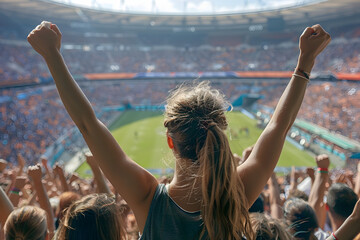 Crowd of people in sport stadium cheering excited - obrazy, fototapety, plakaty