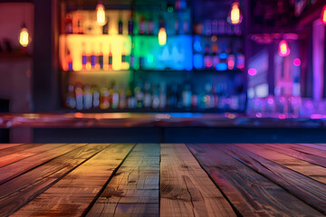 miami bar background with empty wooden table for product display indoor blurred background colorful rainbow color bokeh lights copy space lgbt pride rainbow flag symbol gays and lesbians lgbtl - obrazy, fototapety, plakaty