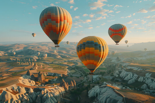 Colorful hot air balloons fly in blue sky over amazing valleys with fairy chimneys in Cappadocia, Turkey
