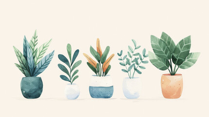 Watercolor Illustration of Indoor Potted Plants Collection