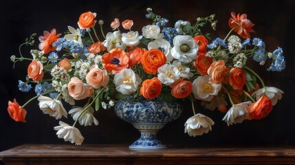  A vase with blue-and-white stripes holds orange and white blooms, perched on a wooden table adjacent to a black background