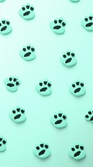 Mint Green paw prints on a background, minimalist backdrop pattern with copy space for design or photo, animal pet cute surface