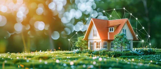 An investment concept in real estate, in the form of buying a house, of locating a house, of determining the energy efficiency of a house, and of determining its value. Through virtual screens, an - obrazy, fototapety, plakaty