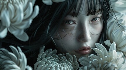 Surreal Portrait of a Woman with Chrysanthemums - 778907047