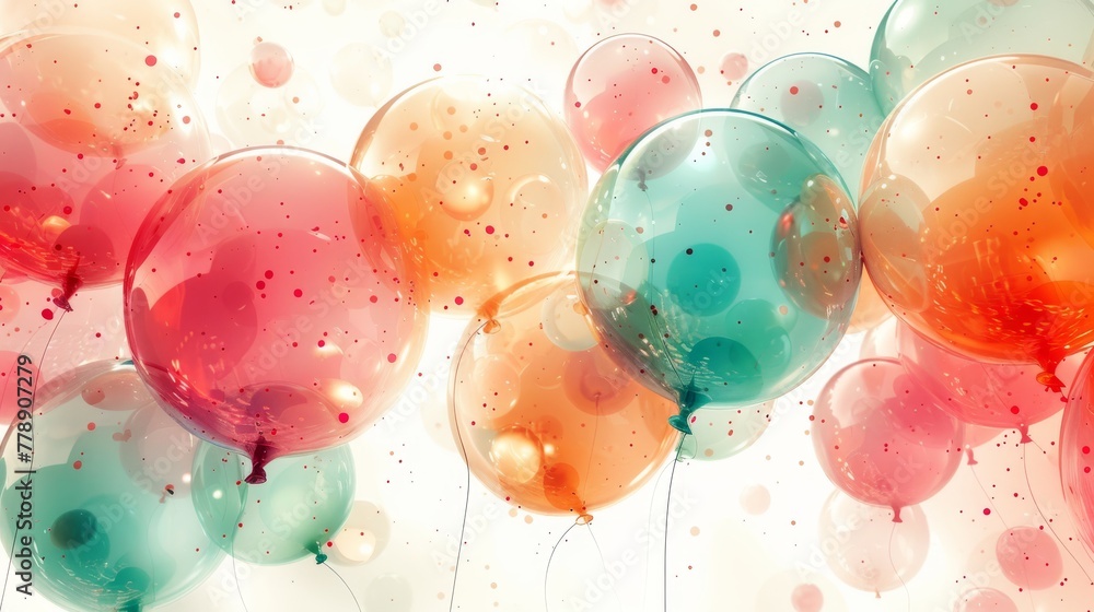 Poster a group of balloons with many bubbles beneath them float in the sky