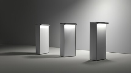 Modular exhibition pedestal, customizable sections, trade show versatility, brand spotlight hyper realistic