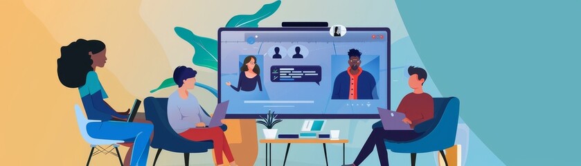 Investment webinar with expert panel, interactive online setup, wide shot, knowledge exchange no splash