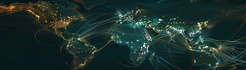 Global supply chain network map, detailed visualization, direct view, trade connectivity no splash
