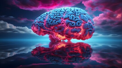 Obraz premium luminous, ethereal neon brain cortex form in clouds, reflecting on water